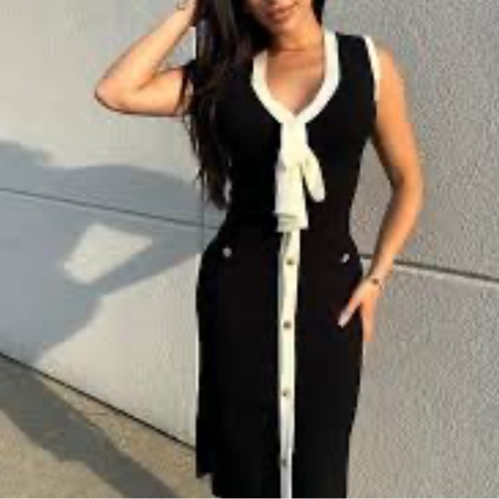 New NICOLE MILLER NEW YORK Navy/white Contrast Trim Bow Tie Midi Dress - Picture 12 of 15